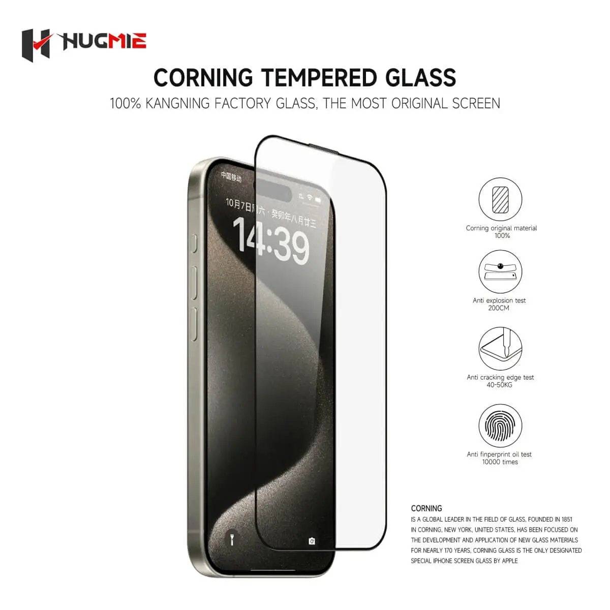 Hugmie Corning Glass Screen Protector for iPhone 16 Series with 100% Kangning factory glass for superior durability and scratch resistance.